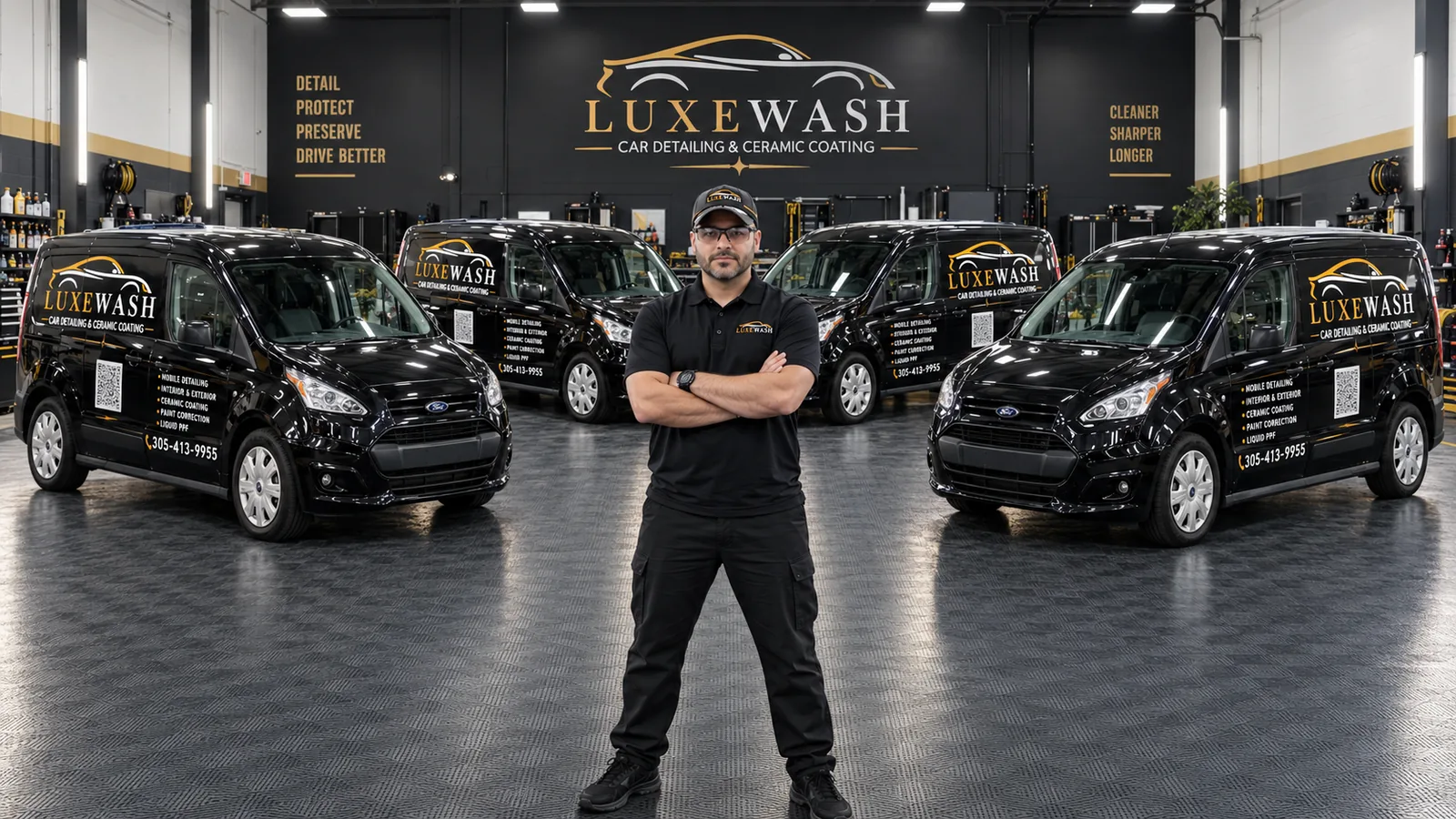 Mariano Anchorena, LuxeWash founder, with the mobile detailing fleet in Broward County FL